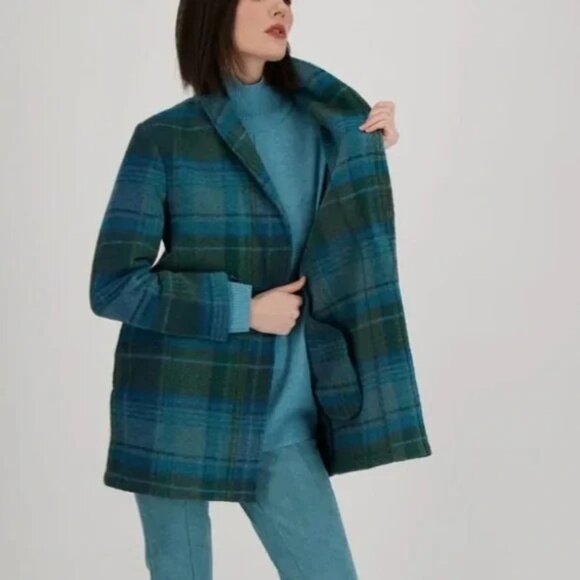 Rachel Zoe green plaid wool blend open jacket Coat - Picture 1 of 14